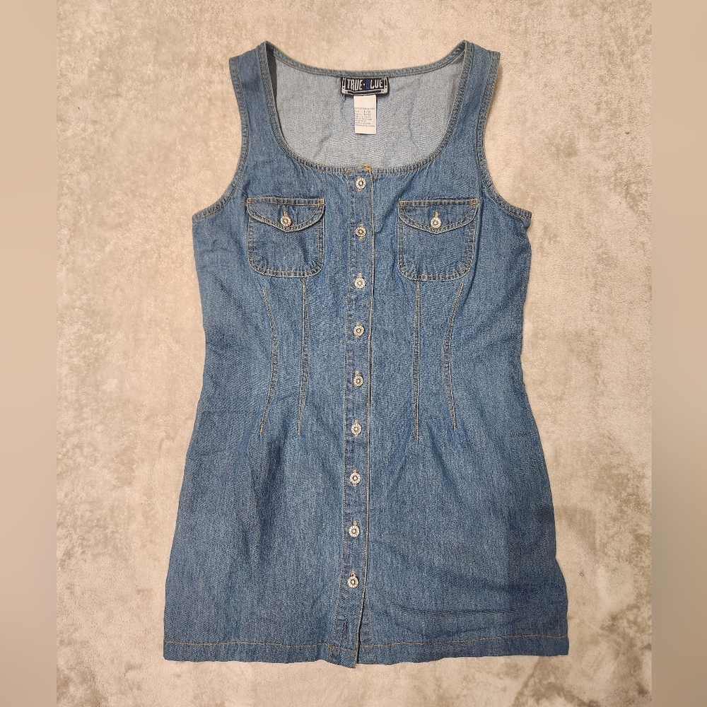 Vintage True Blue Denim Sleeveless Dress Flower 70's Hippie
